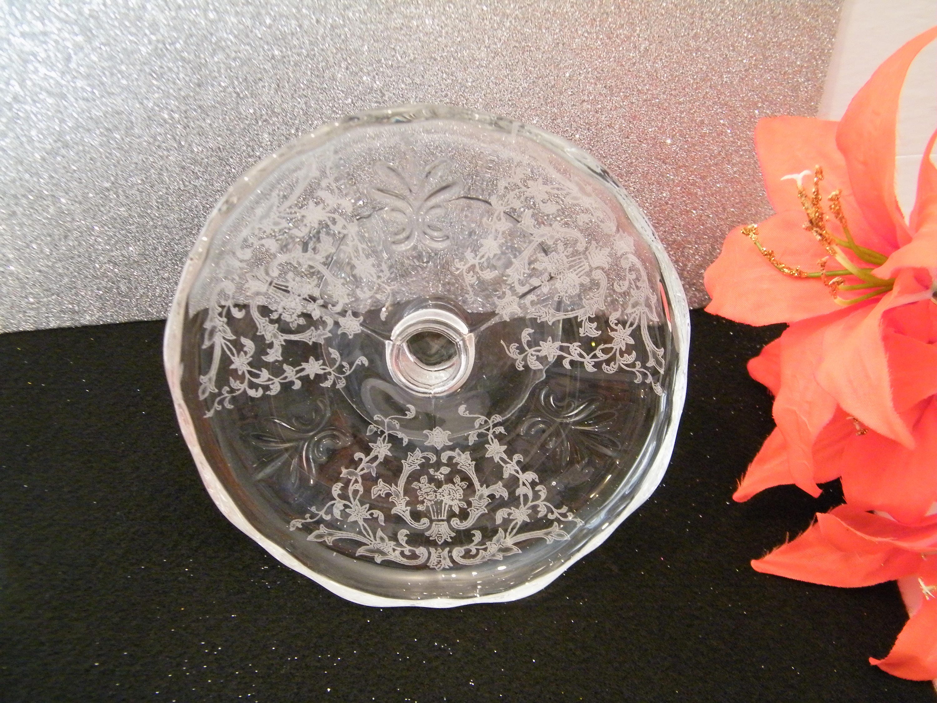 Fostoria Navarre Footed Cheese Dish , Vintage etched pattern centerpiece, scalloped rim, elegant replacement bowl  snack set, depression