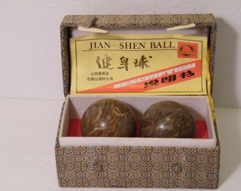 Marble Stress Relief Exercise Balls in original Box by Jian Shen, Vintage Pre owned set of  Meditation Balls, appear as new, box shows wear