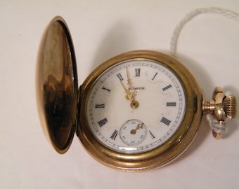 1900 Elgin 7 Jewel Ladies Pocket Watch, Roman Numerals and Gold Filled Hunters Case, Vintage time piece with Initials KVP and floral pattern