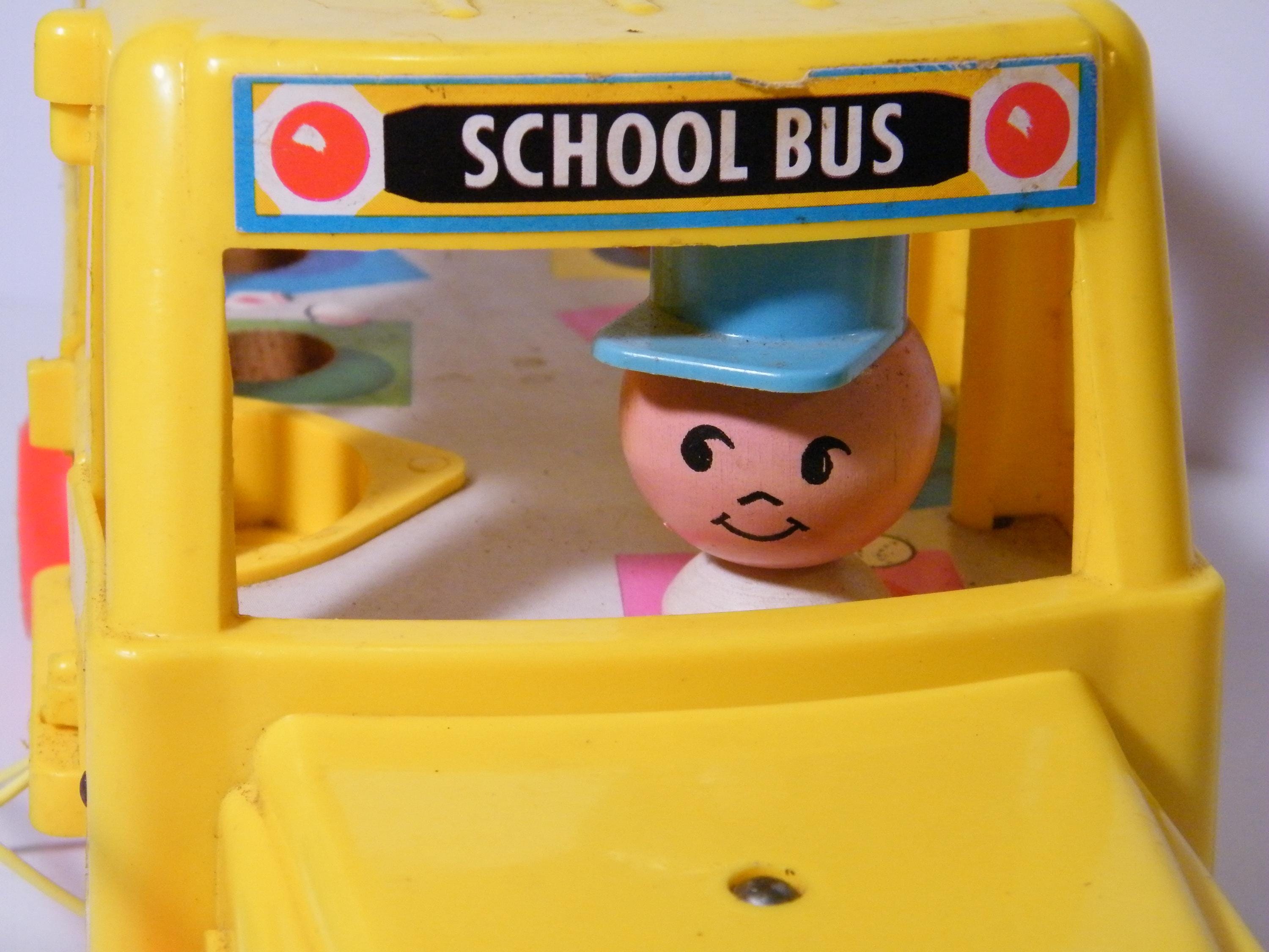Fisher Price School Bus Pull Toy, Vintage 1965 Yellow Bus With