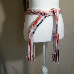 Crochet Sash Belt with Fringe Accent in Patriotic Red White and Blue  Acrylic Yarn, Handmade is 43 inches long, Medium size