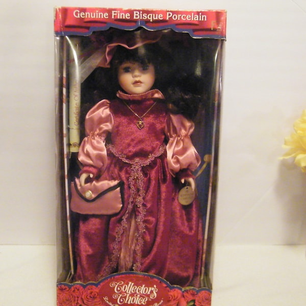 Collectors Choice NIB Porcelain Doll in Red Victorian Style Dress, Vintage 16 inch tall collectible with COA in original box, heart necklace