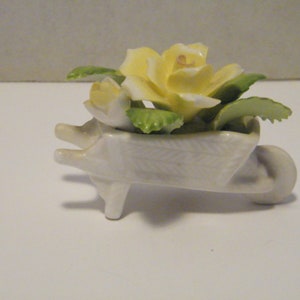 Lefton Royal Dover Porcelain Wheel Barrow Floral  decor, Vintage ceramic figurine with yellow rose, gift for her, home decor, doll house