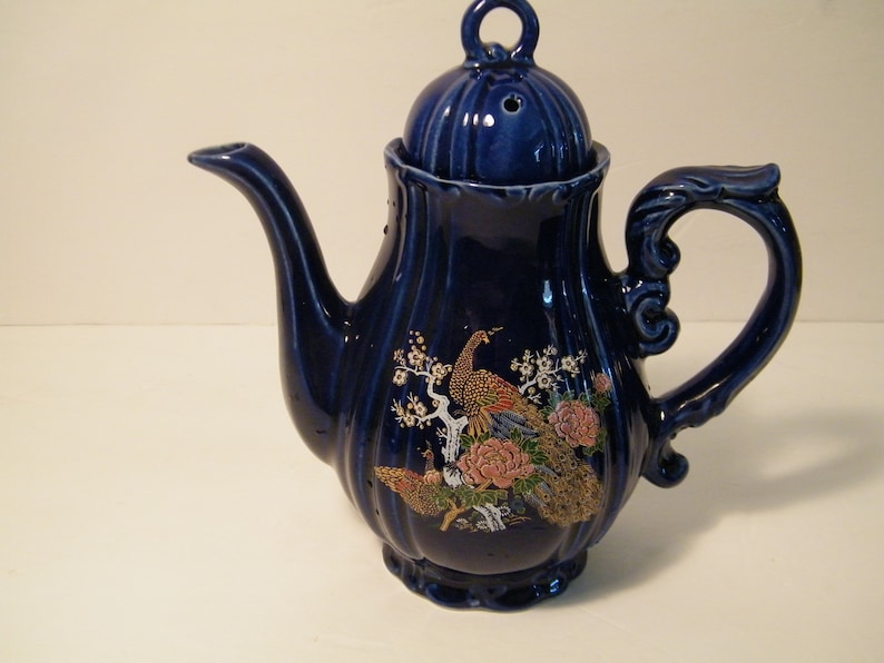 Cobalt Blue Tea Set in Golden Peacock Pattern Vintage Etsy
