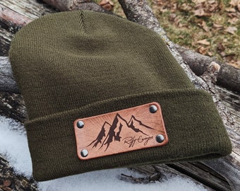 Rift Canyon Mountain Winter Beanie - Cuffed Beanie - Winter Hat - Mountain Beanie - Custom Winter Hat - Winter Toboggan - Leather Patch Hat