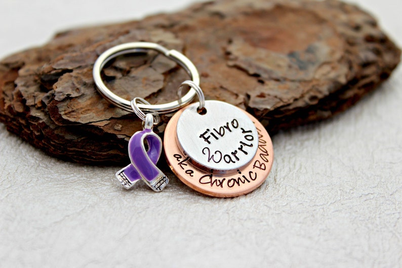 Fibromyalgia Keychain Fibro Warrior Keychain Purple Ribbon Keychian Fibromyalgia Jewelry Fibromyalgia Awareness Awareness Keychain image 1