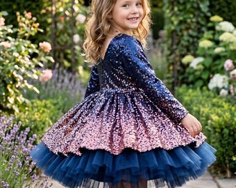 Abito tutù per neonata blu navy sfumato con maniche lunghe: abito da cerimonia scintillante con paillettes per neonate, costume formale per occasioni speciali.