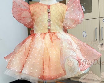 Burnt Orange Tulle Flower Girl Dress, Polka Dot Tulle Toddler Gown with 3D Flower Bow,Puff Sleeve Baby Girl Homecoming Dress