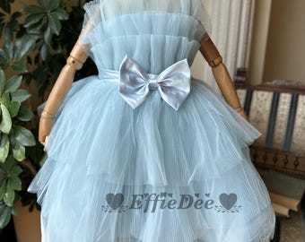 Light Blue Tiered Tulle Flower Girl Dress, Toddler Pageant Gown with Bow Cinderella Costume