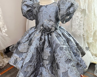 Jacquard Satin Navy Pageant Dress for Baby Girl: Toddler Formal Party Gown with Rose Pattern Princess Wedding Dress