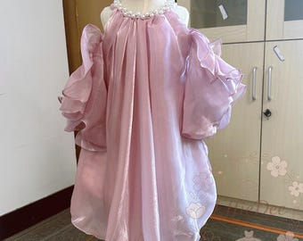 Whimsical Halter Toddler Wedding Dress with Pearls: Shimmer Pink Birthday Party Gown Strapless Formal Costume Puff Sleeves Summer Dress
