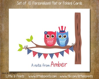 Patriotic Owls Note Cards Set of 10 personalized flat or folded cards