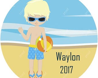 Boy Swimming Beach Personalized Christmas Ornament Acrylic Snowflake or Round