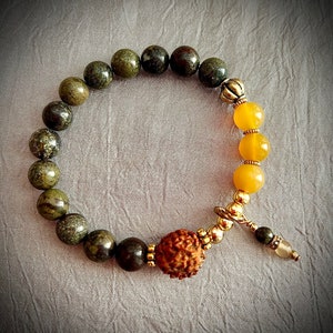 Dragon Blood Jasper and Yellow Jasper Gemstone Bracelet with Rudraksha Bead 8mm