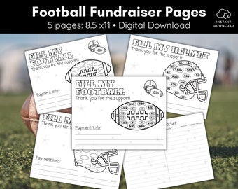 Puede incluir: Cinco páginas imprimibles para una recaudación de fondos de fútbol. Cada página presenta una ilustración en blanco y negro de un casco de fútbol o un balón de fútbol con el texto "Fill My Helmet" o "Fill My Football" y "Thank you for the support!"  Las páginas también incluyen un espacio para la información de pago.