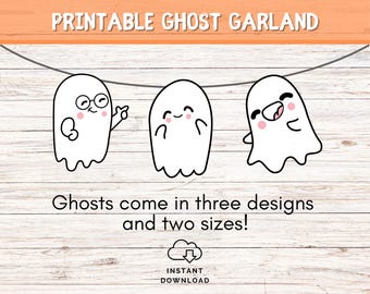 Op de afbeelding: Printbare spookengirlande met drie verschillende spookontwerpen. De spoken zijn wit met zwarte contouren en hebben verschillende gezichtsuitdrukkingen. De tekst "Printable Ghost Garland" staat bovenaan de afbeelding. De tekst "Ghosts come in three designs and two sizes!" staat in het midden van de afbeelding. De tekst "Instant Download" staat onderaan de afbeelding.