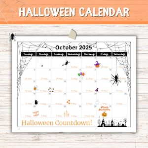 Op de afbeelding: Een Halloween-kalender voor oktober 2025, met een spinnenwebontwerp en griezelige illustraties. De kalender bevat een aftelling naar Halloween met verschillende pictogrammen en de tekst "Halloween Countdown!"