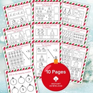 以下が含まれることがあります： 子供向けのクリスマスをテーマにした印刷可能な算数ワークシート10枚セット。ワークシートには、クリスマスツリー、オーナメント、トナカイなどの楽しい画像を使った、さまざまな数え方、足し算、マッチングの活動が含まれています。ワークシートは、子供たちが楽しくて魅力的な方法で基本的な算数のスキルを学ぶのを助けるように設計されています。