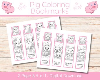 Peut inclure: Deux pages de marque-pages de cochon imprimables. Chaque page contient six illustrations de cochons en noir et blanc à colorier. Le texte sur les marque-pages dit "Name Me! Write my name on the back".