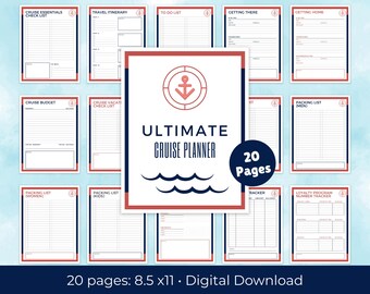 May include: A printable cruise planner with 20 pages. The planner includes sections for cruise essentials, travel itinerary, to do list, getting there, getting home, cruise budget, cruise vacation check list, packing list (men), packing list (women), packing list (kids), loyalty program number tracker, and a ship tracker. The planner has a nautical theme with an anchor, waves, and red and blue accents.