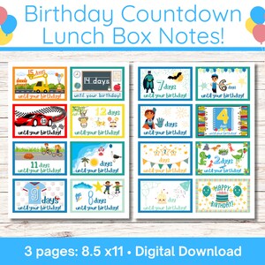 Puede incluir: Notas coloridas imprimibles para loncheras con temática de cuenta regresiva de cumpleaños. Cada nota presenta un diseño diferente, contando desde 15 días hasta el cumpleaños, con ilustraciones y el texto "until your birthday!"