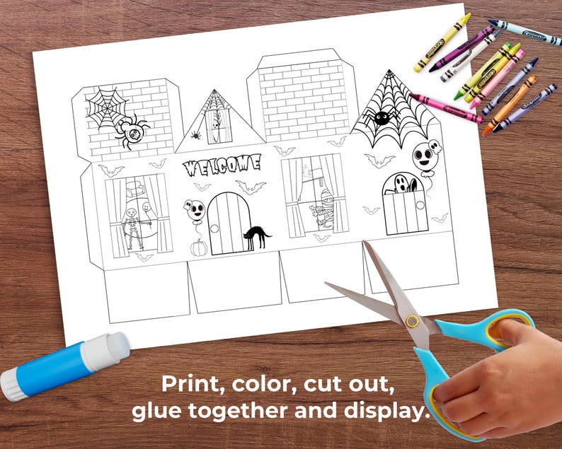 Halloween House Paper Craft, Printable Halloween Coloring Paper House