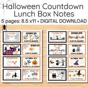 Op de afbeelding: Een set van 10 printbare Halloween-countdown-lunchbox-notities. Elke notitie heeft een andere Halloween-illustratie en de datum, met het aantal dagen tot Halloween eronder vermeld. De notities zijn ontworpen om te worden afgedrukt op papier van 8,5 x 11 inch.