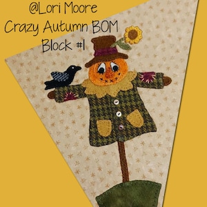 Può includere: Homespun Whimsy di Lori Moore Crazy Autumn BOM Blocco #1 presenta uno spaventapasseri in patchwork fantasioso con una testa di zucca, un uccello nero appollaiato sul suo braccio e un girasole in cima al suo cappello. Lo spaventapasseri è in piedi in un vaso verde su uno sfondo beige con un motivo a stella ripetuto.