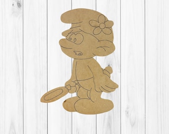 Smmurf with Flower,  Kids Shape Unfinished Wood Cutout, Paint By Line