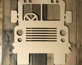 May include: A wooden cutout of a yellow school bus. The bus has a windshield, headlights, and a grill. The cutout is unfinished and ready to be painted.