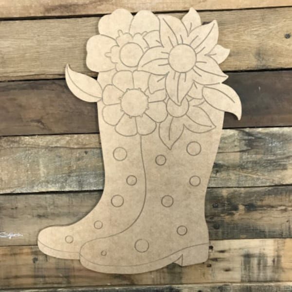 Boots with Flowers DIY, Rain Boots Rubber Boots Mud Shoes With Flowers Decor Unfinished Wood Cutout, Paint by Line, Engraved Summer Shape