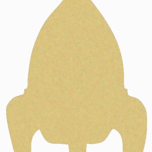 May include: A yellow wooden rocket ship cutout. This is a blank craft that can be painted or decorated.