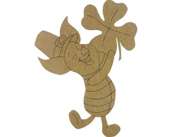 Piggy Shamrock with Clover, St. Patrick's Day Shape Unfinished Wood Cutout, Paint by Line