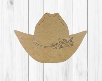 Cowgirl Hat with Flowers, Kids Shape Unfinished Wood Cutout, Paint By Line BAC
