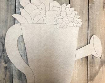 Succulent Watering Can Cutout, Summer Water Can With Flowers Decor Cutout Wood Shape, Paint by Line, Engraved DIY Paintable Art Craft Shape