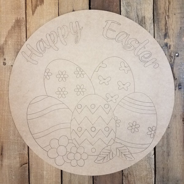 Happy Easter Eggs Circle, Wood Cutout, Shape, Paint by Line, Engraved DIY Paintable Art Craft Design, Unfinished Wooden Cutout Craft