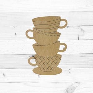 May include: A stack of four brown ceramic teacups with a saucer. The cups are stacked on top of each other, with the largest cup on the bottom and the smallest cup on top. The cups have different patterns and designs.