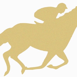May include: A silhouette of a horse and jockey in a running pose. The image is a solid, light tan color, with the horse's legs extended in a gallop and the jockey leaning forward. The background is white.