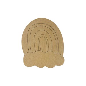 May include: A wooden rainbow cutout with a cloud base. The rainbow has five bands and is outlined in black.