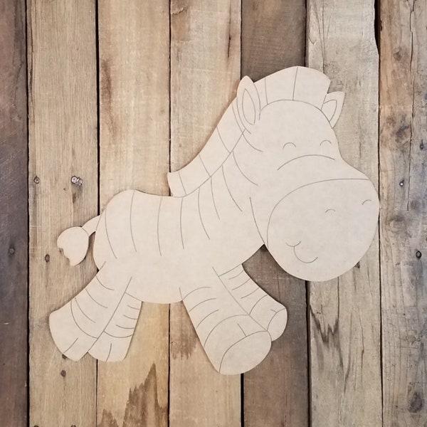 Cartoon Zebra Wood Cutout, Unfinished Craft, Paint by Line, Zoo Animal Children's Classroom Learning Shape, Engraved Wooden Safari Animal