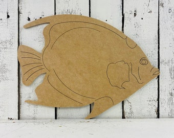 Queen Angel Fish, Aquatic Shape Unfinished Wood Cutout, Paint by Line