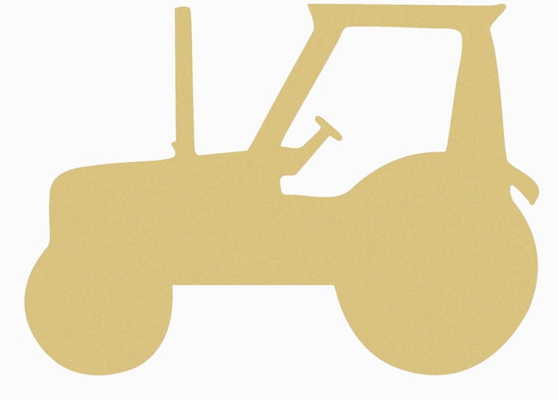 K&ouml;nnte beinhalten: Eine braune Holzsilhouette eines Traktors mit einem gro&szlig;en Rad rechts und einem kleineren Rad links.