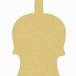 May include: A wooden cutout of a cello, a stringed musical instrument. The cello is light brown and has a simple design.