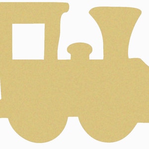 May include: A wooden cutout of a train engine, featuring a rectangular window and a smokestack. The train is a light tan color and is designed for crafts or decoration.