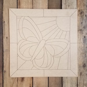 Butterfly Mosaic With Frame Square Stained Glass Craft Pattern, Paint by Line Craft Pattern, Art, DIY Unfinished Paintable Wood Wall Decor