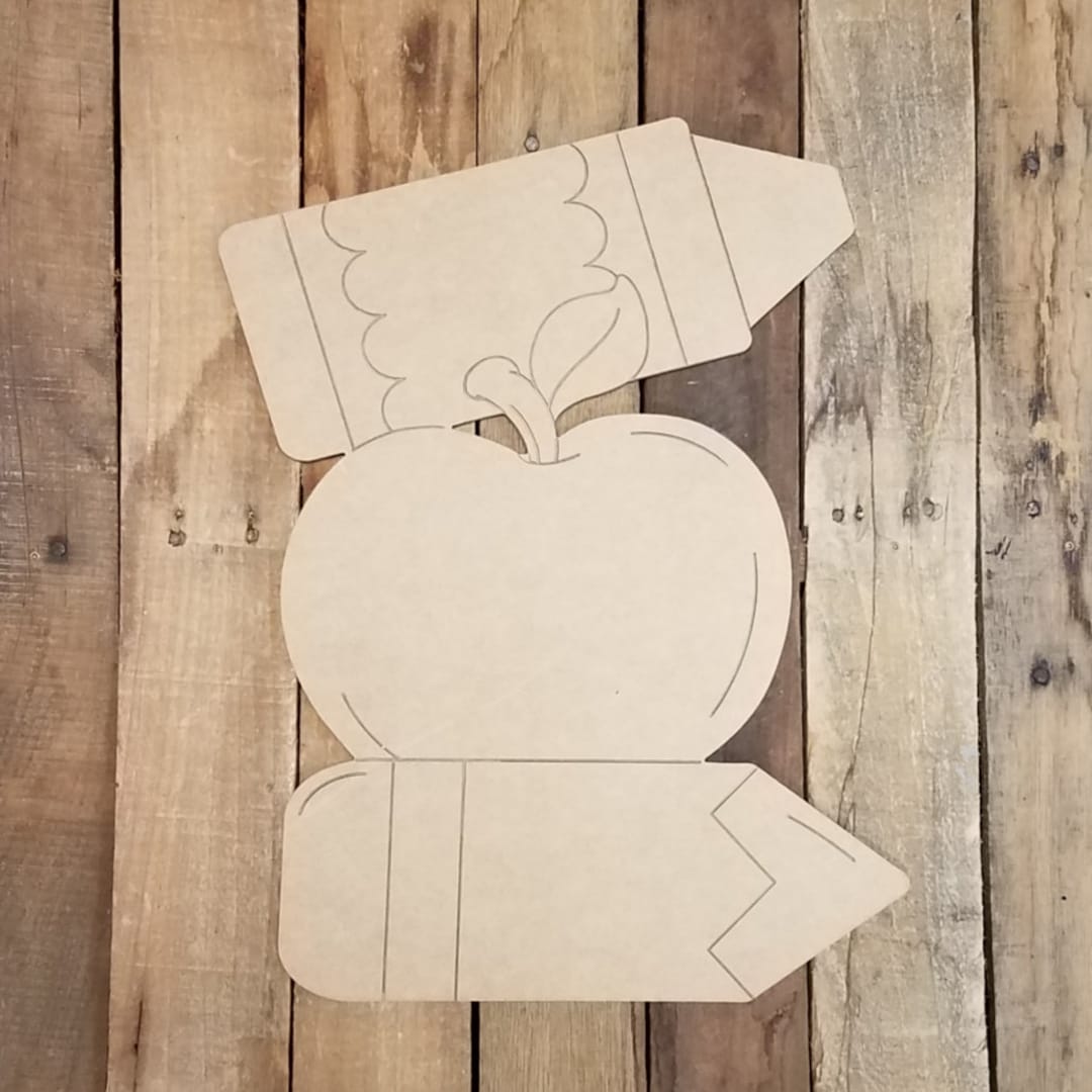 Apple and Pencils Cutout, Wood Shape, Blank Art Project Unfinished