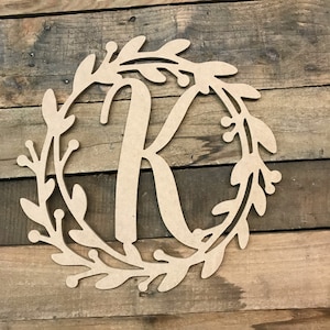 Small Wood Cursive Letter Monogram Wreath, Unfinished Wooden Letter, King Basil Letter, Wreath Shaped Custom Monogram, Decorative Initial