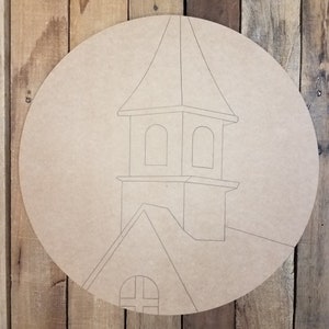 Country Church Art Circle, Unfinished Wood, Paint by Line, engraved DIY Paintable Art Craft Design, Unfinished Wooden Cutout Craft