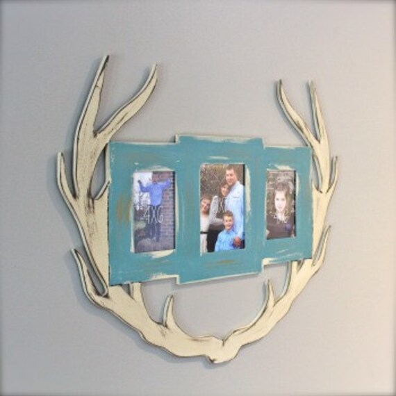 Wide Deer Antler Triple Picture Frame Wooden Finished
