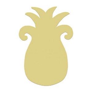 May include: A wooden cutout of a pineapple with a light yellow color. The pineapple has a detailed top with leaves and a curved design on the sides.